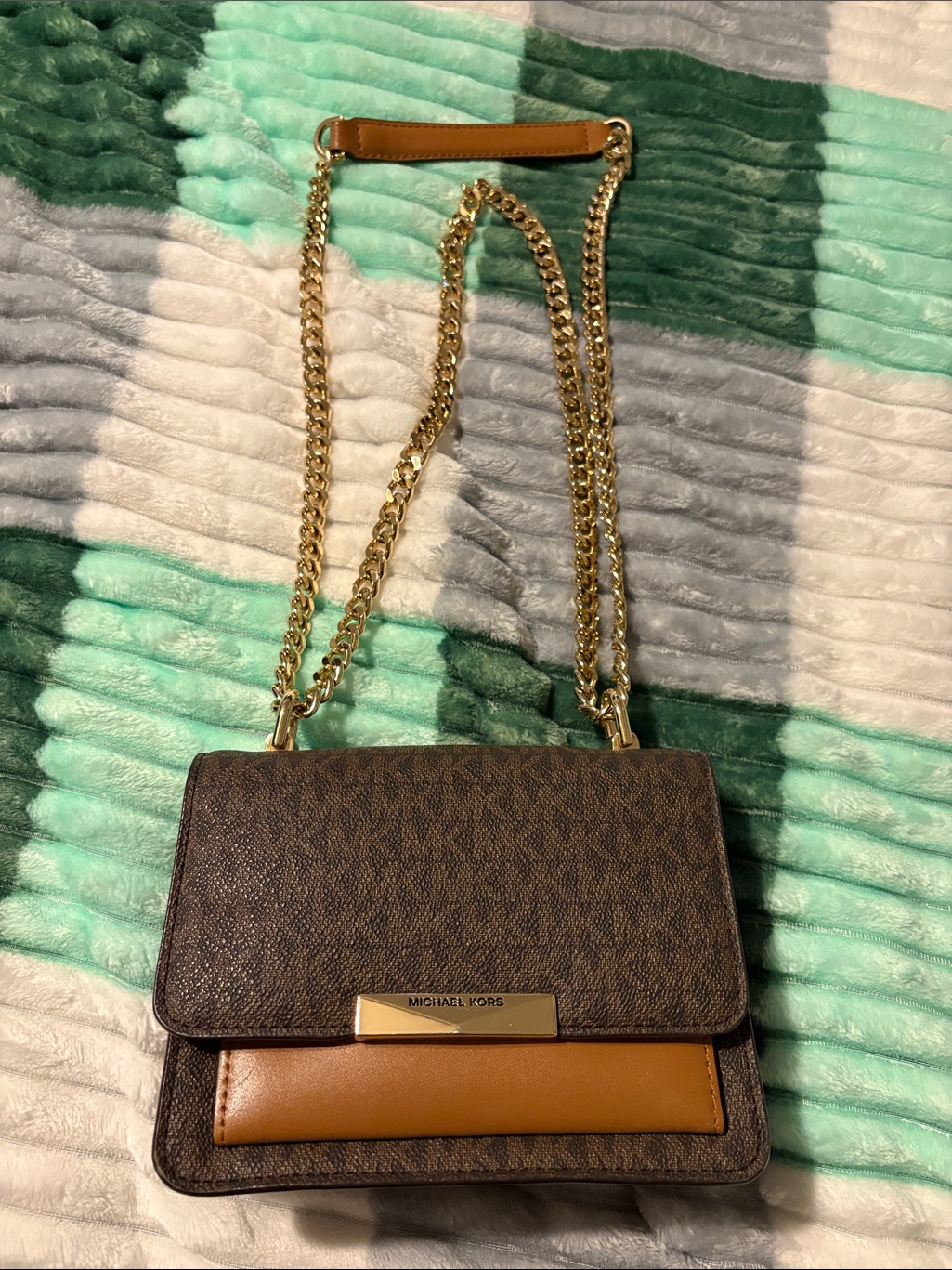 Michael Kors Brown Logo Crossbody With Tan Pocket And Gold Chain